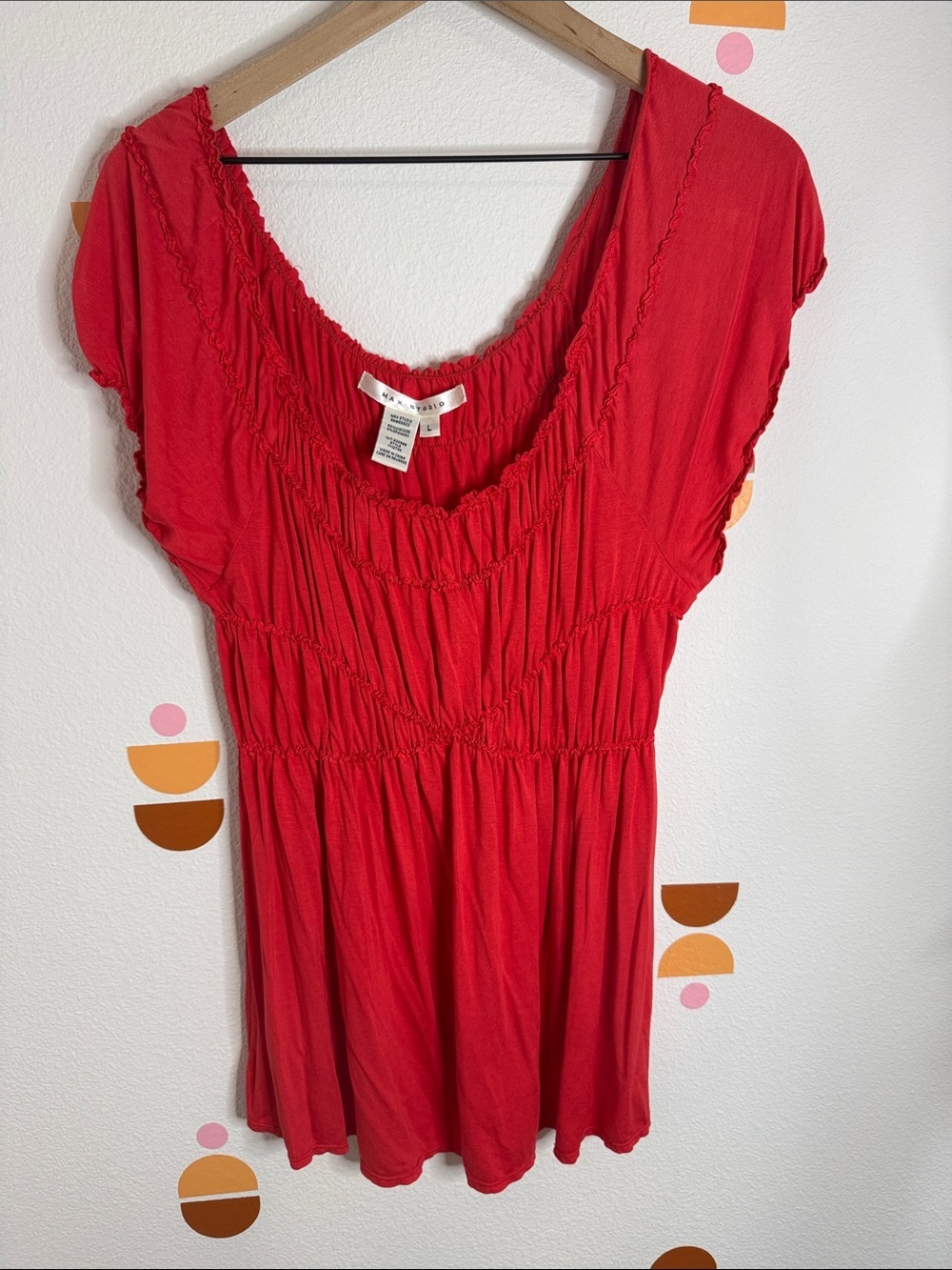 Max Stidoo Y2k fairycore Red Short Sleeve Smocked Waist Tunic Size Large N0266